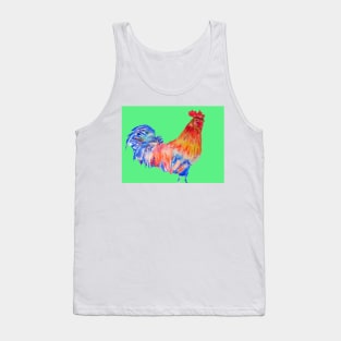 Rooster Chicken Watercolor Painting on Green Tank Top